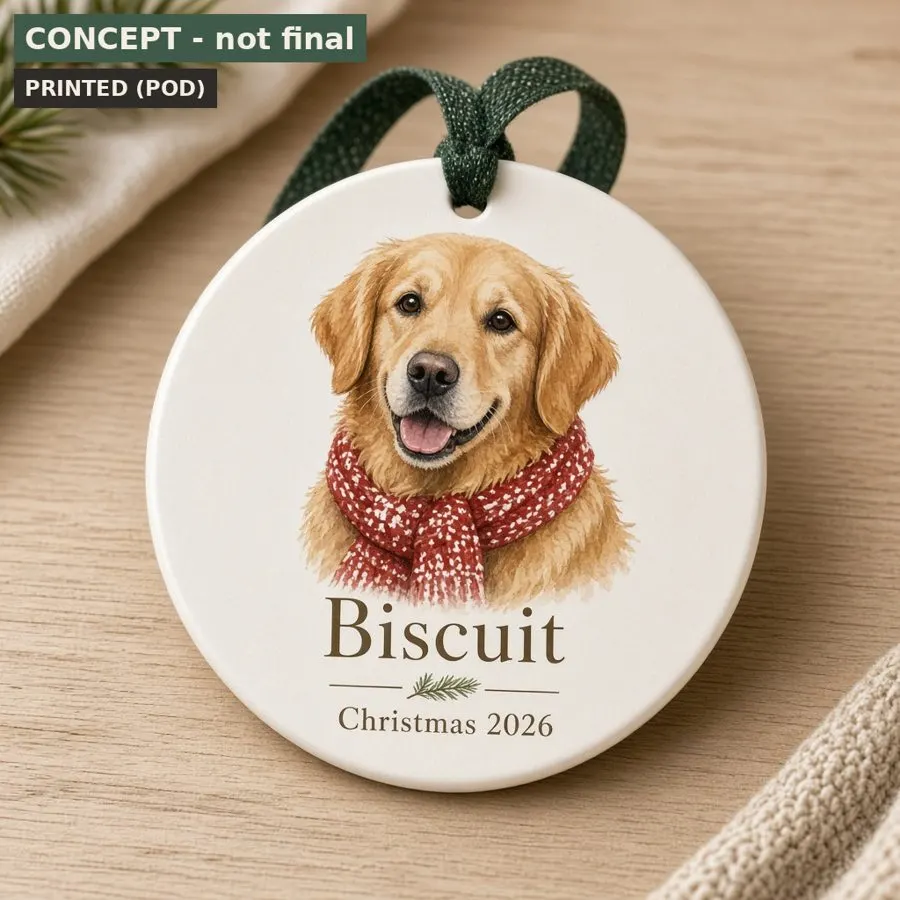 Round ceramic ornament with a watercolour dog portrait and the pet's name