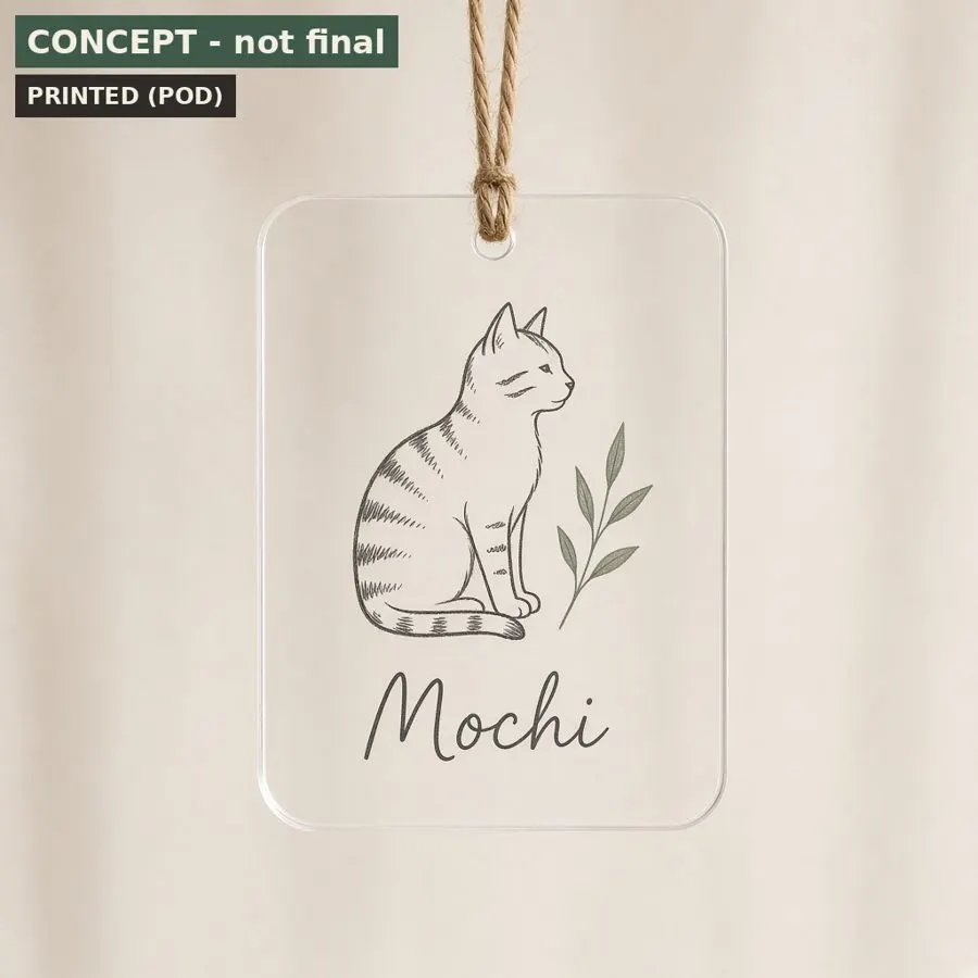 Clear acrylic rectangle ornament with a one-line cat drawing and handwritten name