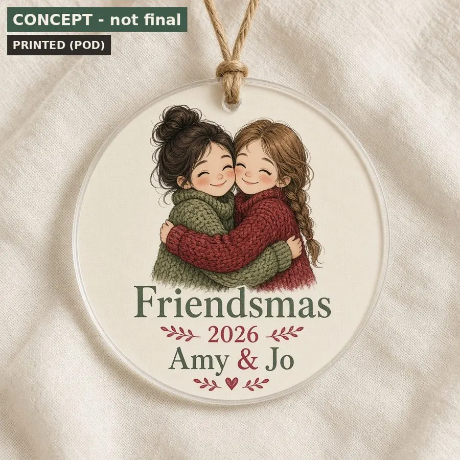 Round clear acrylic ornament illustrated with two friends hugging and their names