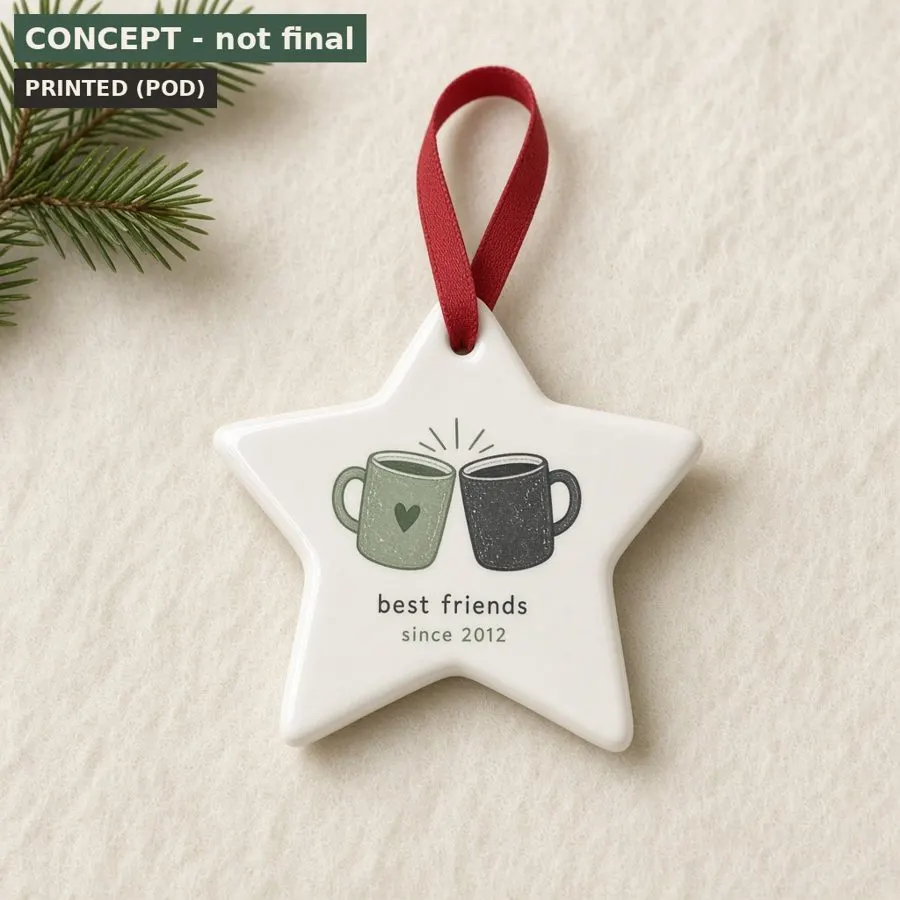 White ceramic star ornament with mug line art and best friends since text