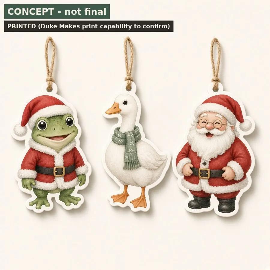 Printed acrylic goose, frog and Santa character ornaments with white borders