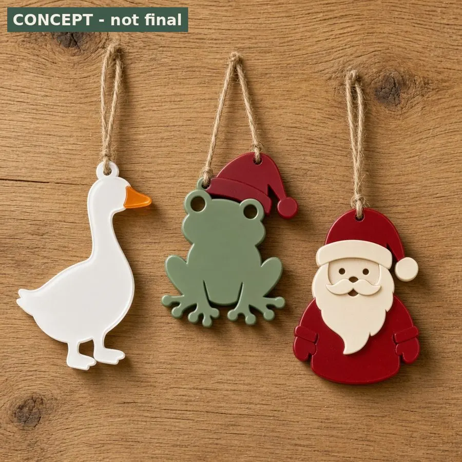 Layered coloured acrylic frog character ornament wearing a festive hat
