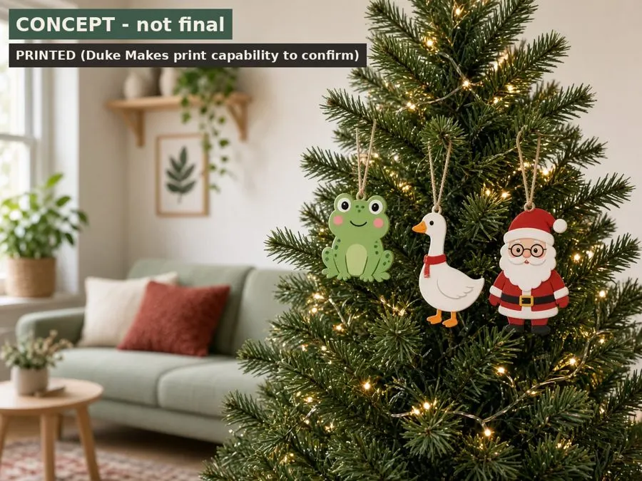 Acrylic character ornaments hanging on a tree in a Scandinavian living room