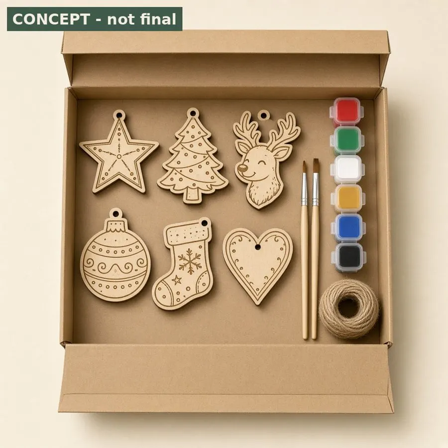 Kraft box craft kit with wooden ornament blanks, paints, brushes and twine