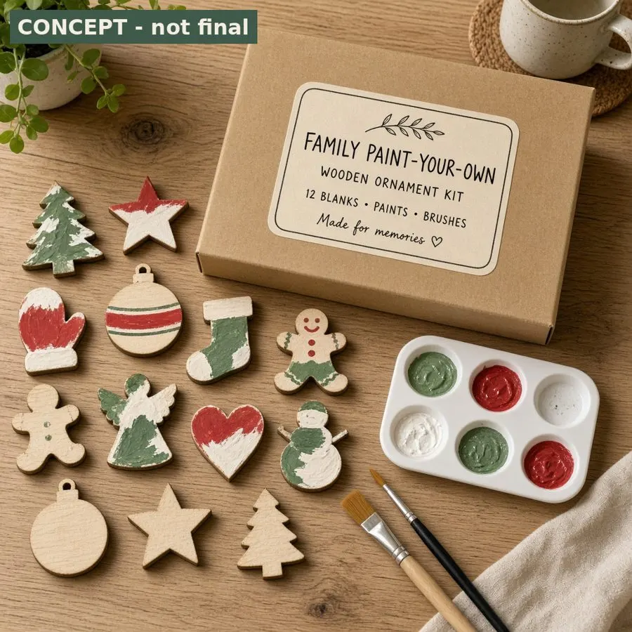 Family craft kit with twelve plain wooden ornament blanks laid out on a table