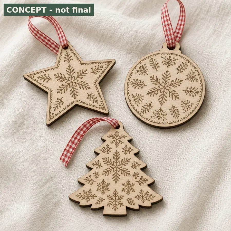 Birch plywood star, bauble and tree ornaments engraved with folk snowflakes and tied with gingham ribbon