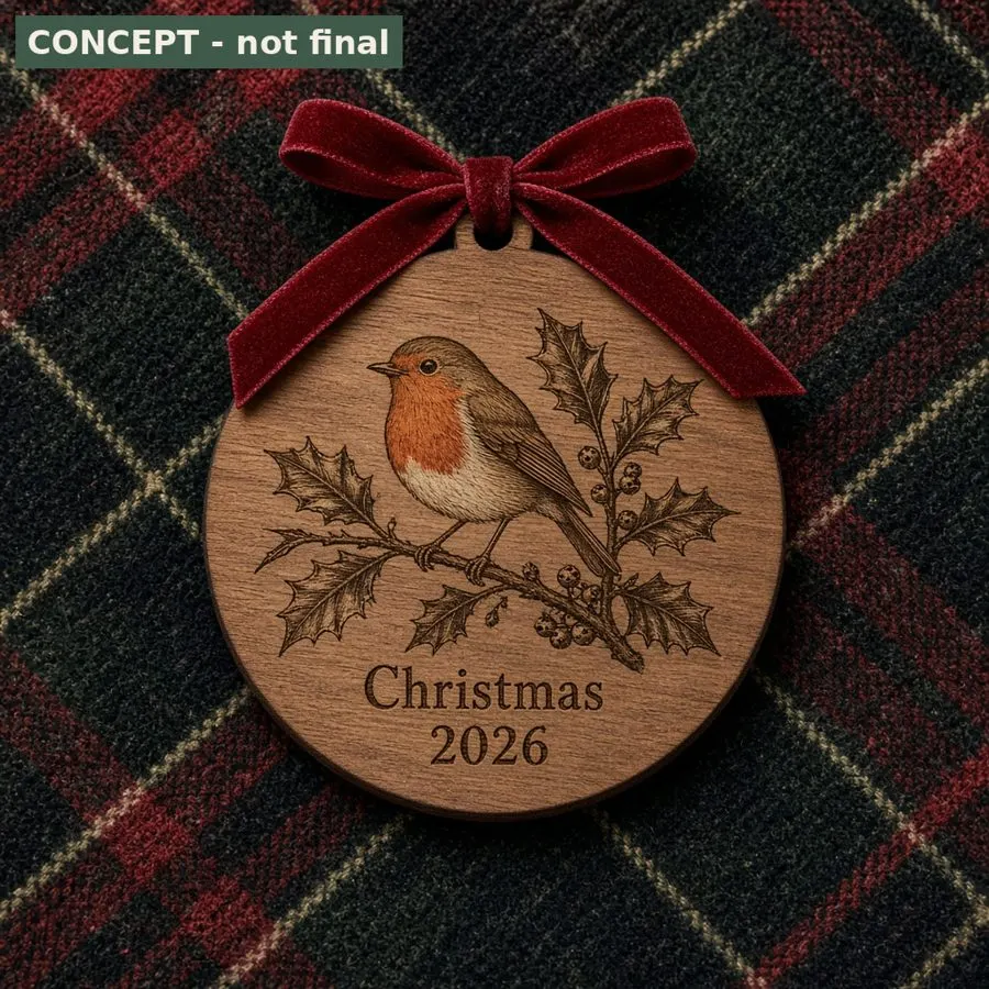 Walnut veneer disc ornament engraved with a robin and a personalised year