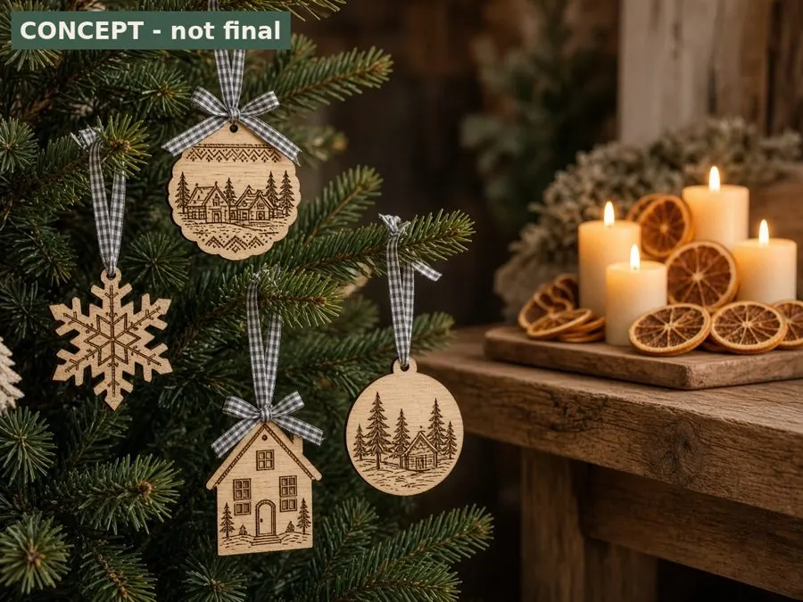 Personalised birch wood star and house ornaments hanging on a fir tree beside candles and dried oranges